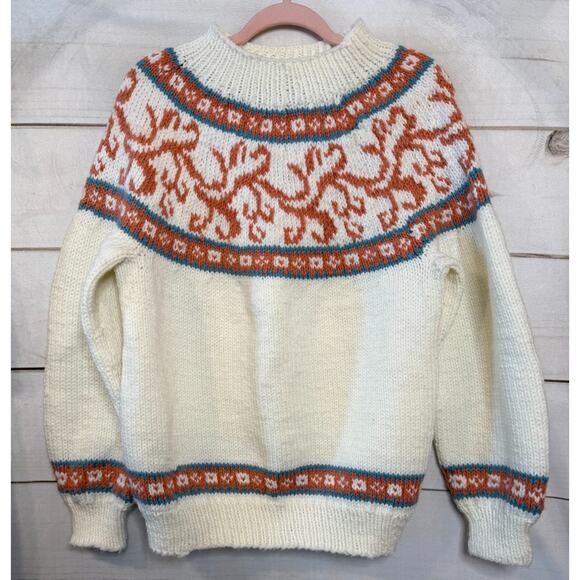 Unbranded Sweaters - Vintage Ski Sweater Coral Teal White Wool Knit Cozy Winter High Neck Est LG